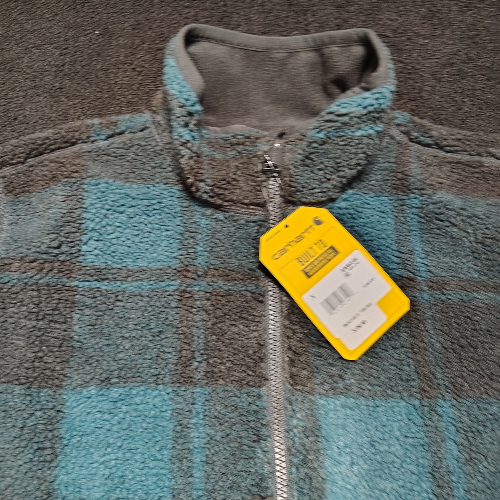Carhartt Green Black Loose Fit Quarter Zip Sherpa Plaid Fleece Men's Small NEW